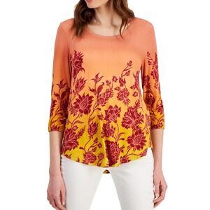 JM Collection Floral Print Top Lace-Up 3/4 Sleeve Blouse Orange Size L NWT